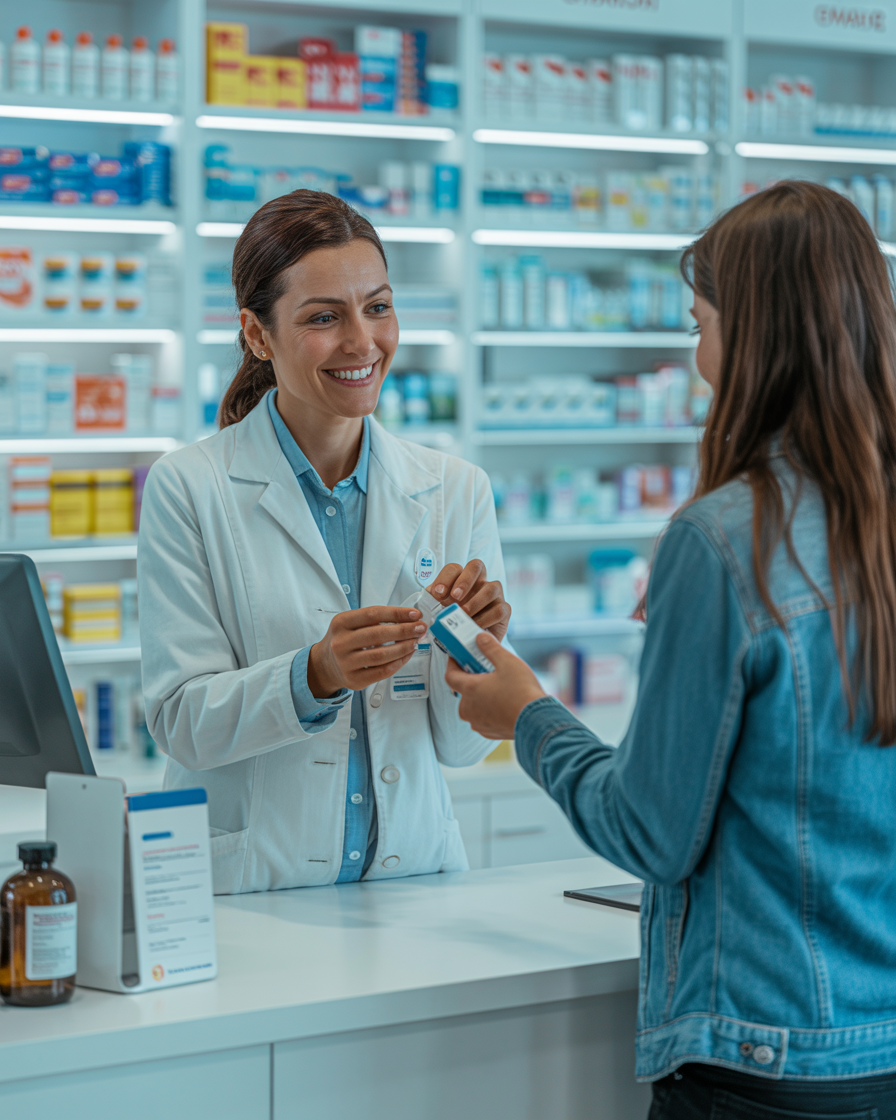 Professional pharmacist consulting with customer at Victoria Pharmacy